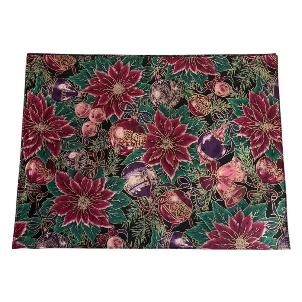 Vintage Christmas Poinsettia and Baubles Print Placemats Set of 6 Holiday Decor
